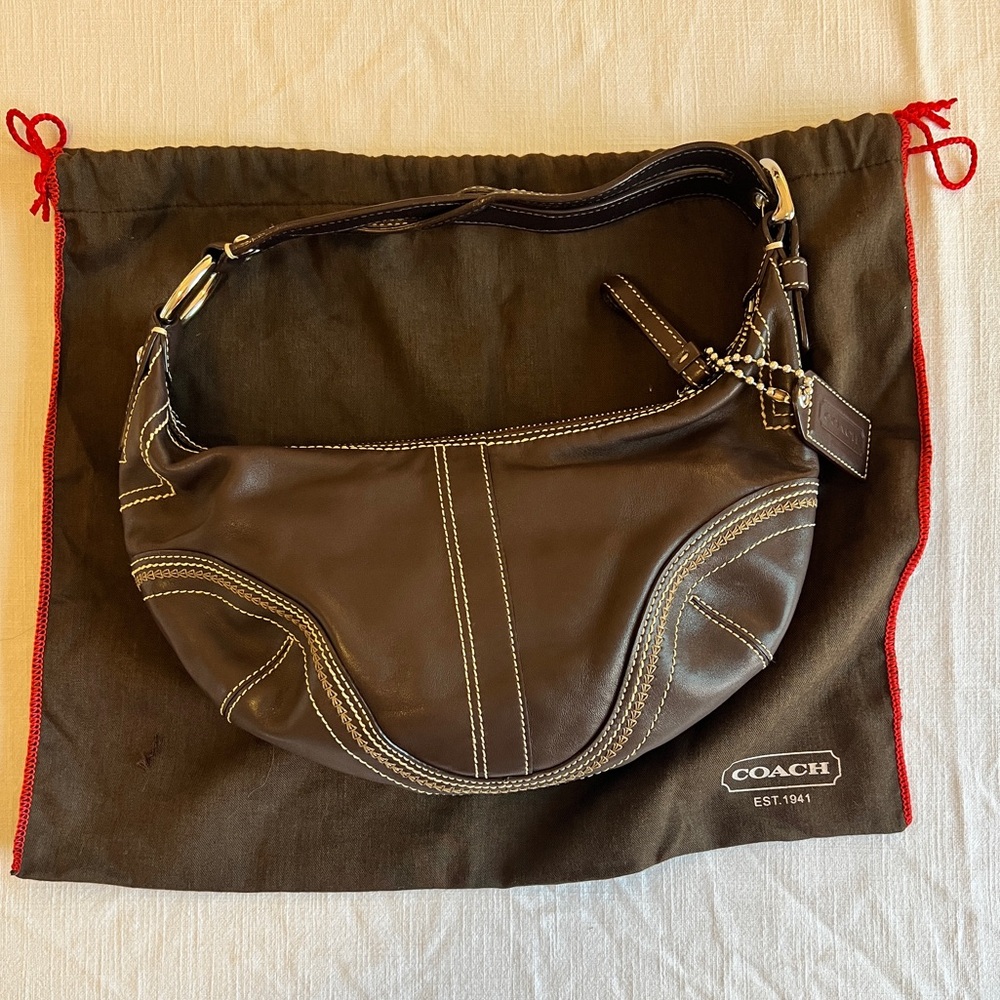 VTG Coach Y2K Brown Leather Hobo Crescent Buckle Strap Stitching 10574 w/dustbag